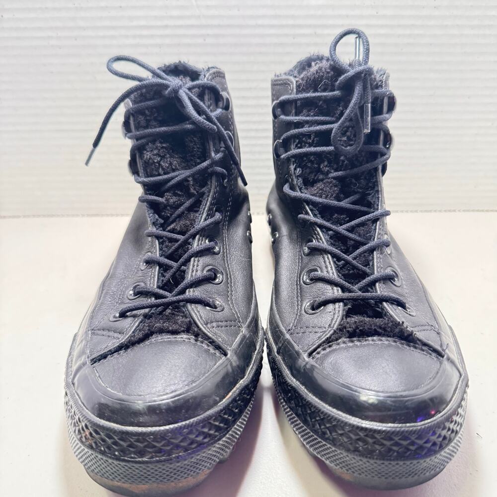 Converse black leather high tops with furry tongue sz W8/EU 39 #chucks #goth